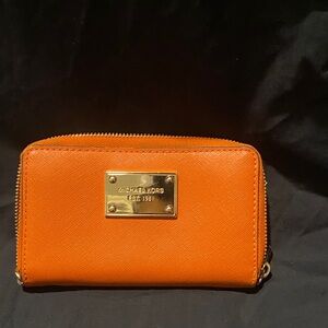 Michael Kors Orange Saffiano Zip-Around Wallet with Gold Plate